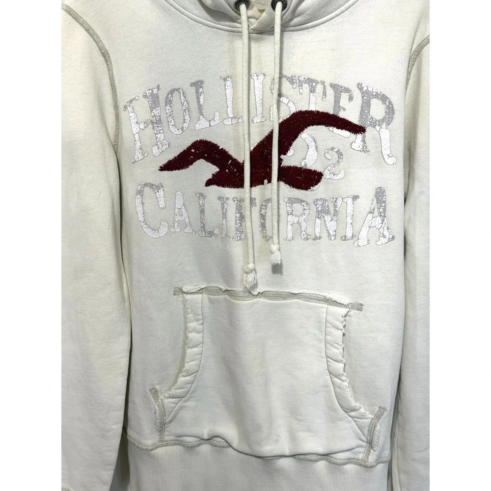 Y2K Hollister Men's Small Vintage Distressed Off White Heavy Weight Logo Hoodie